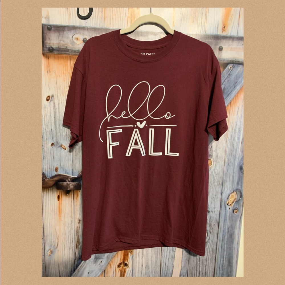 Large NEW burgundy T-Shirt with FALL transfer!